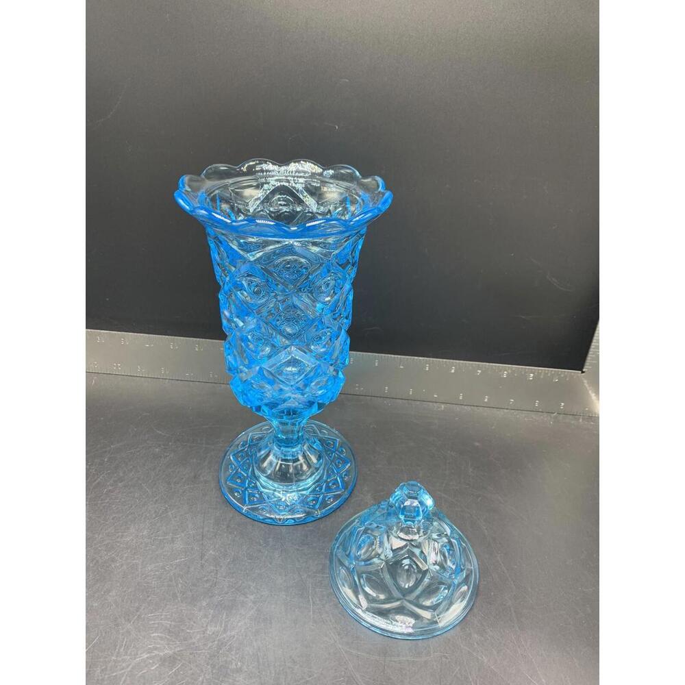 Vintage Blue Glass Candy Covered Lid Dish Vase Pedestal - Picture 5 of 11